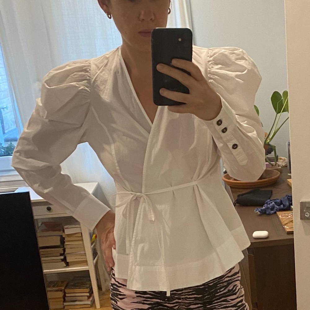 Ganni Popplin Wrap Top, Sz 38